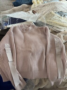 pistola Blush Pink Ribbed Mock Neck Sweater with Sleeve Strap Detail